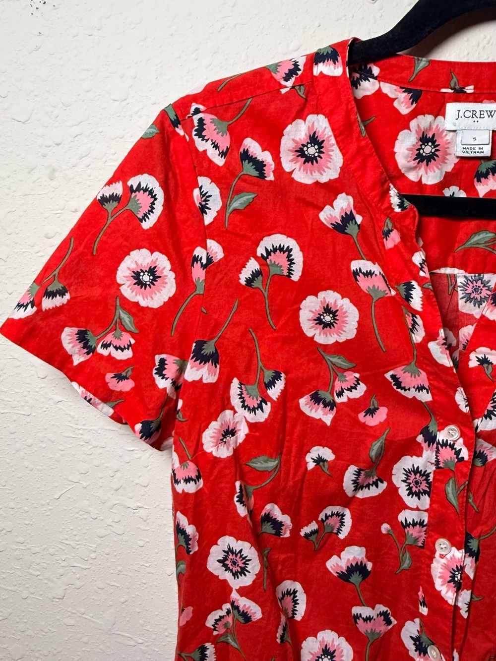 J. Crew Floral Tie Front Cotton Blouse Red Pink Short Sleeve Summer Cottagecore - Picture 3 of 11